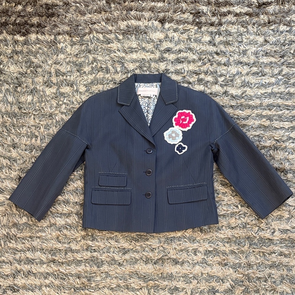 MAXAZRIA Stunning Runway Blazer with 3-D Floral Details, Silk & Cotton, Size XS